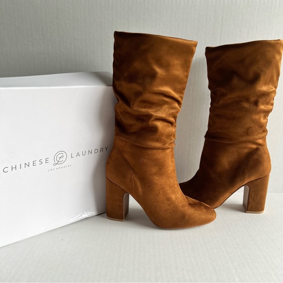 NEW w/o TAGS: Chinese Laundry Women's Brown Tan Block Heel  Boots Faux Suede - Picture 1 of 4
